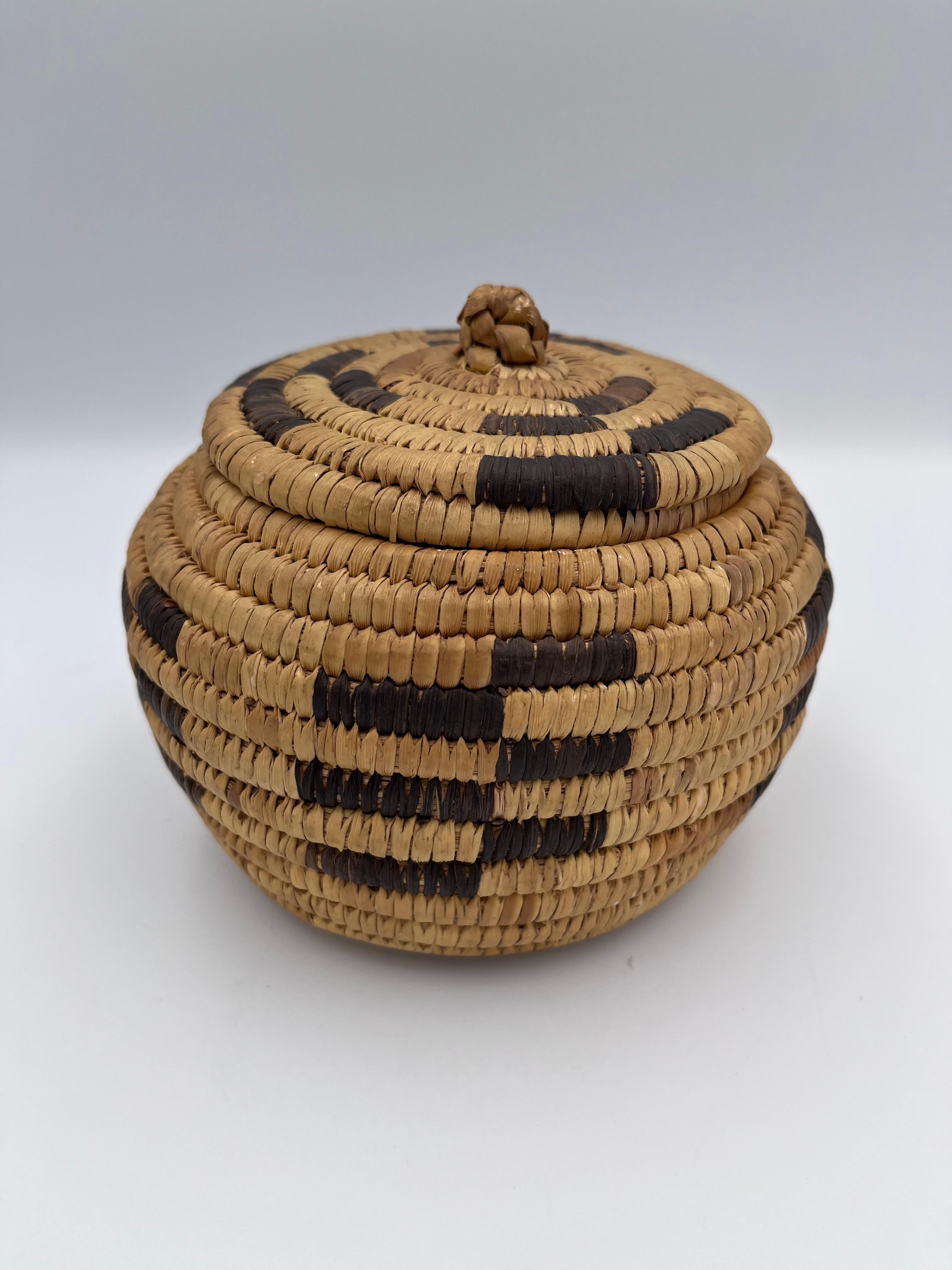 Americano Beautiful Native American Geometric Papago Hand Woven Lidded Basket in vendita