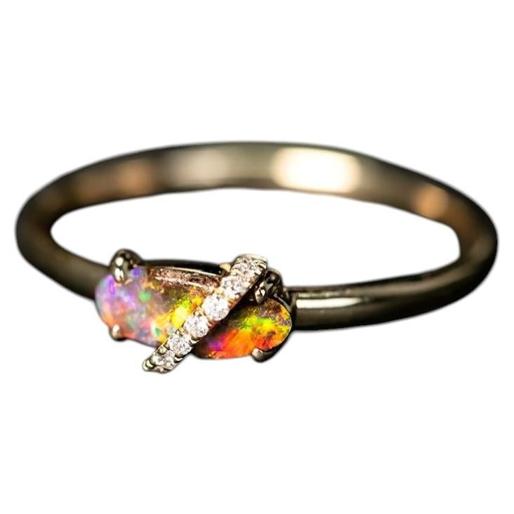 Beautiful Natural Boulder Opal Ring with Diamonds in 14K Yellow Gold