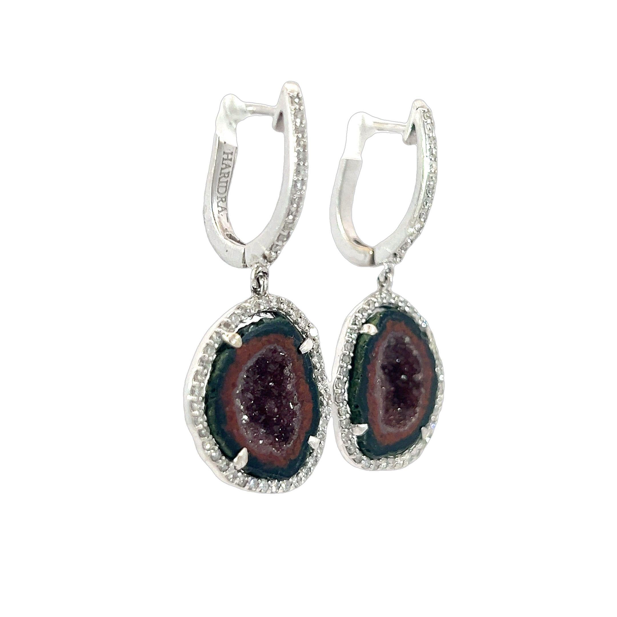 Mixed Cut Beautiful natural Druzy quartz and diamonds earrings For Sale