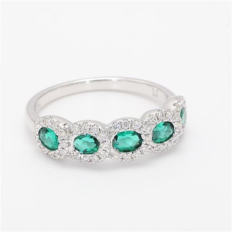 Natural Oval Emerald and White Diamond White Gold 1.00 Carat TW Wedding Band For Sale 1