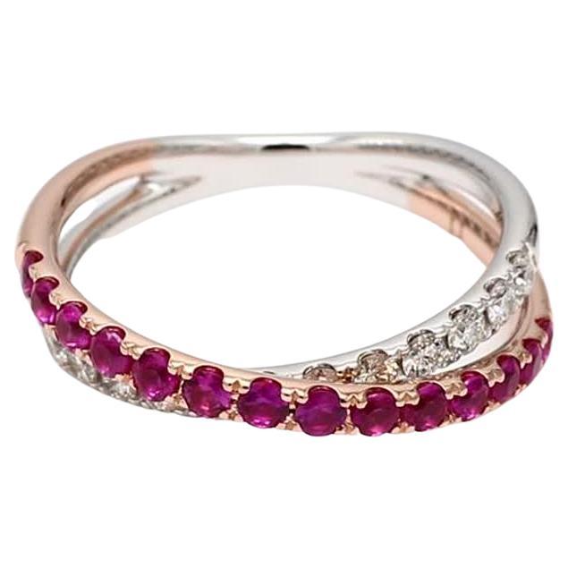 Natural Red Round Ruby and White Diamond .85 Carat TW Rose Gold Wedding Band For Sale