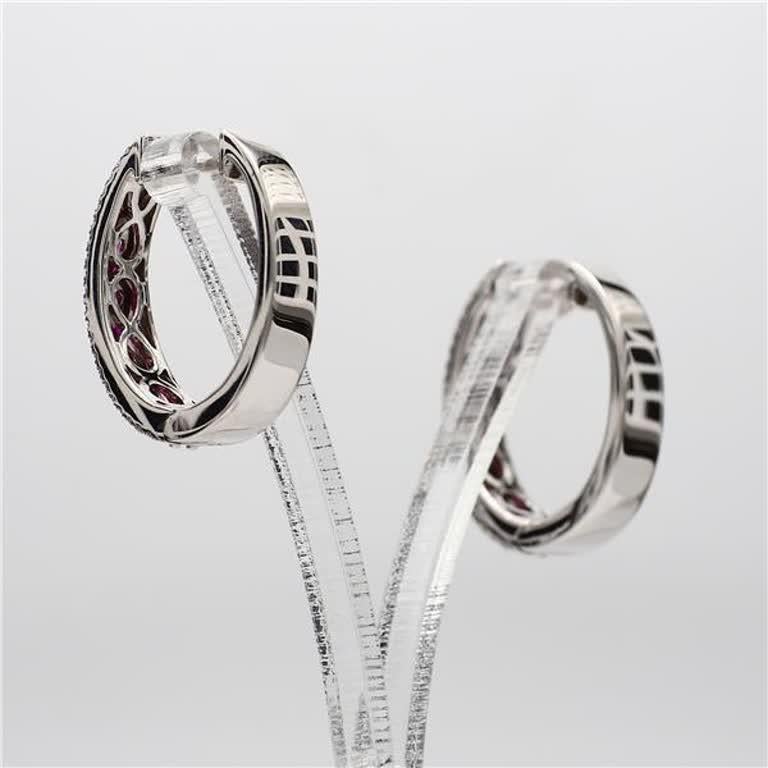 Contemporary Natural Red Round Ruby and White Diamond 1.26 Carat TW White Gold Hoop Earrings For Sale