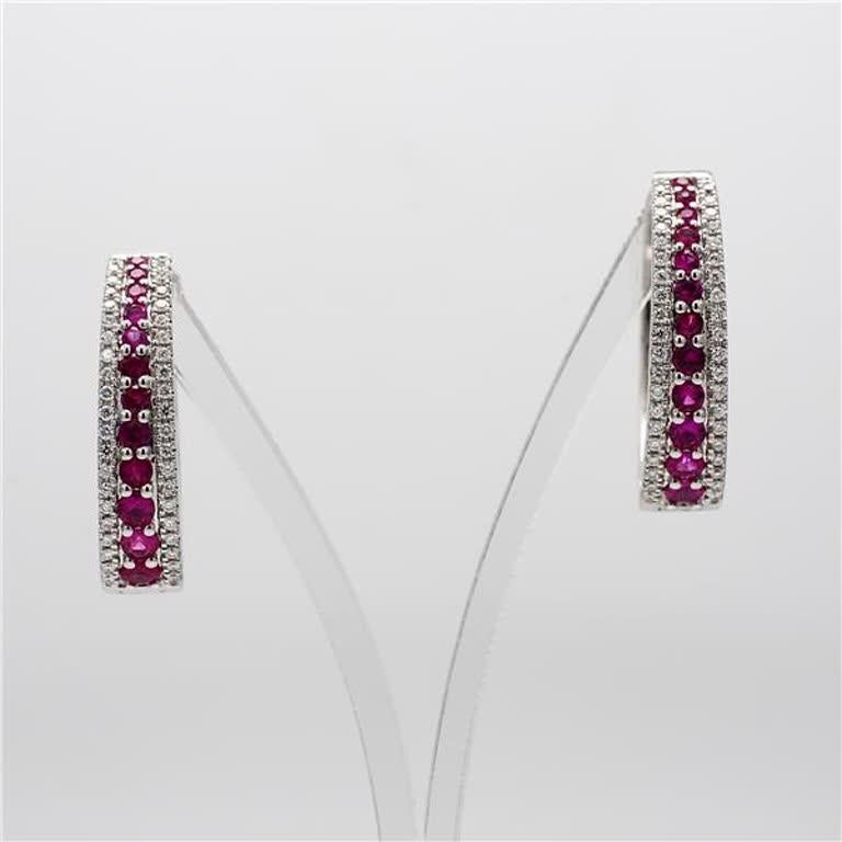 Natural Red Round Ruby and White Diamond 1.26 Carat TW White Gold Hoop Earrings In New Condition For Sale In New York, NY