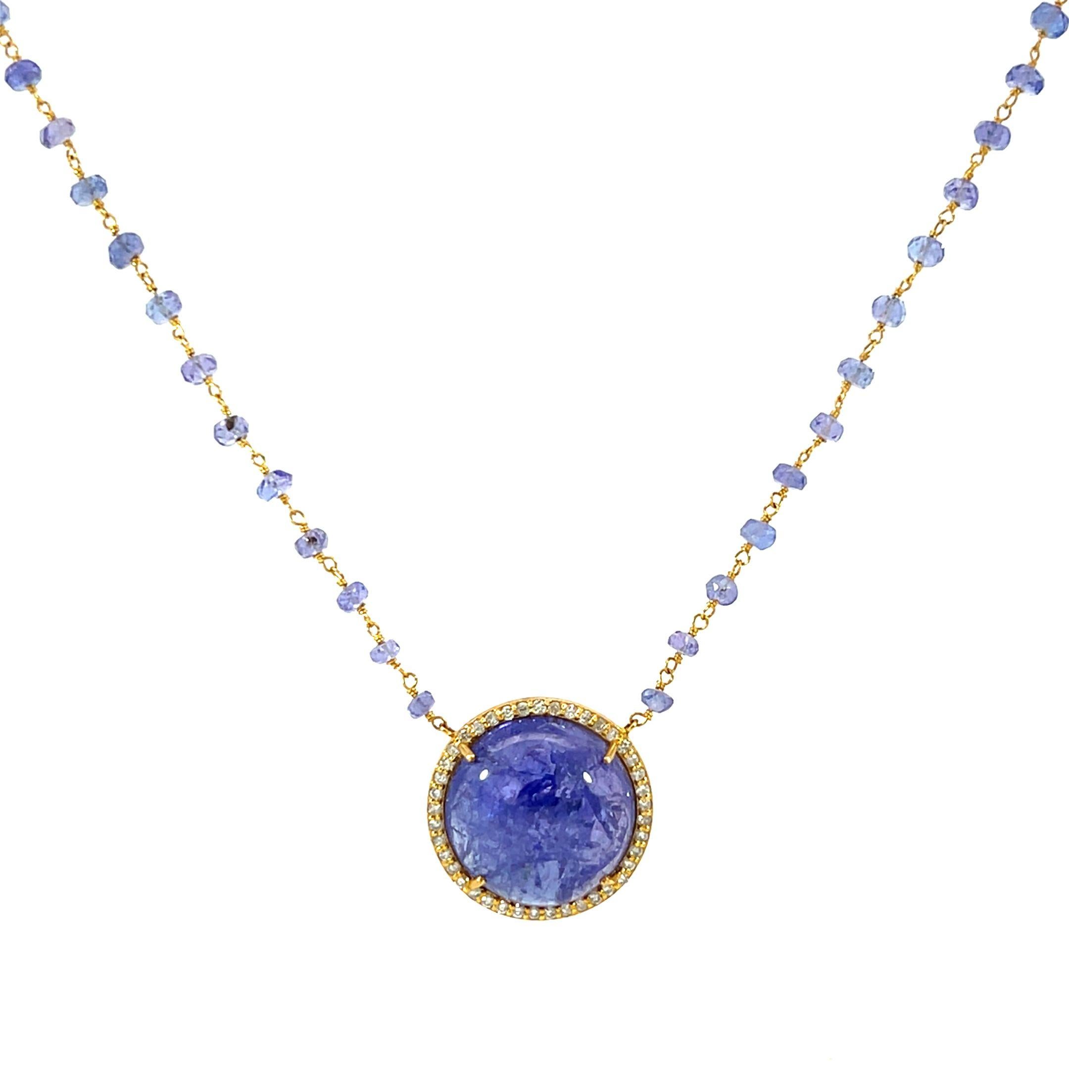 This gorgeous 14-karat necklace has been created in a delicate tanzanite beaded gold chain and features a beautiful natural 18.66-carat tanzanite and 0.31-carat diamond pendant. It is the ideal statement item for any event because of its unique