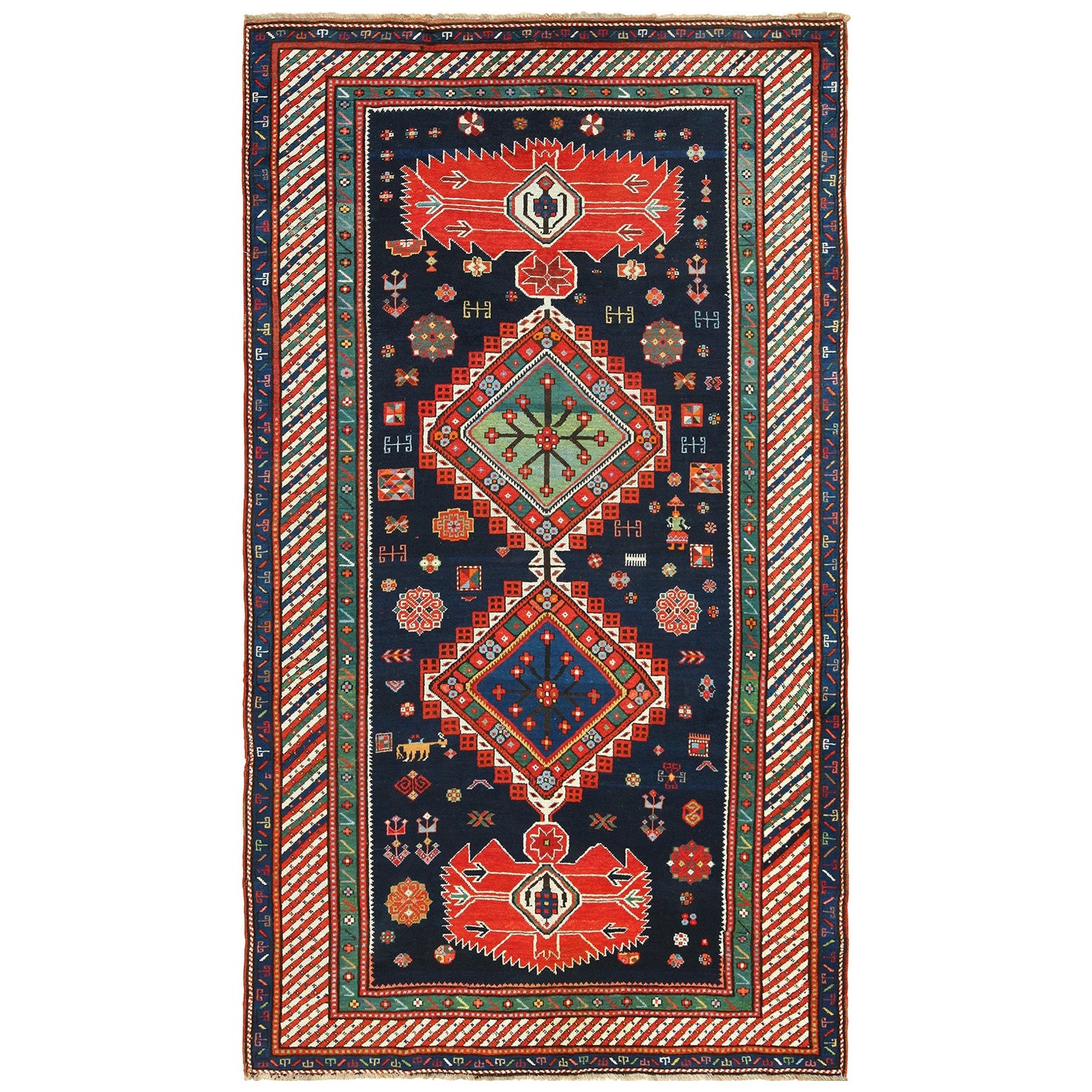 Preciosa Alfombra Azul Marino Antiguo Kazak Tribal Caucásica 5'9" x 9'9"
