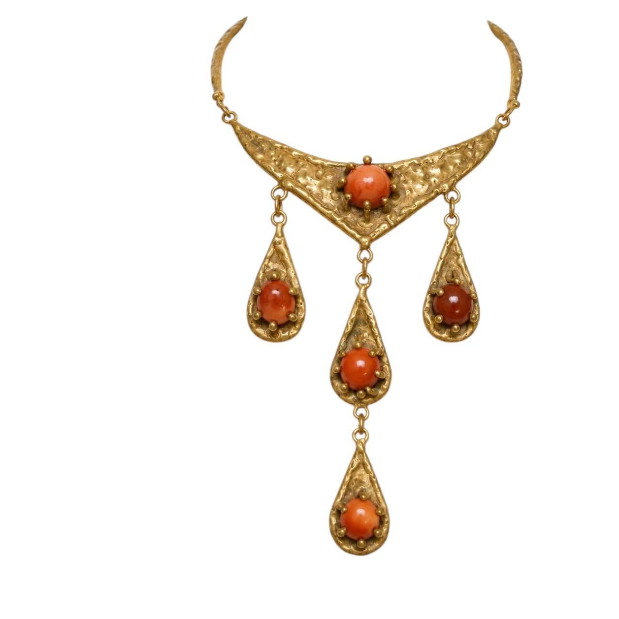 Beautiful necklace in hammered brass and polished agates by Pal Kepenyes