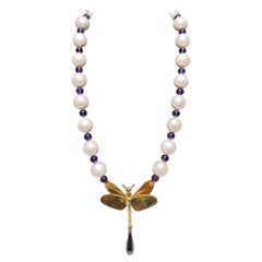 Used Beautiful Necklace of Cultured Pearls, Extra Quality 'Akoya Japan' and Amethysts