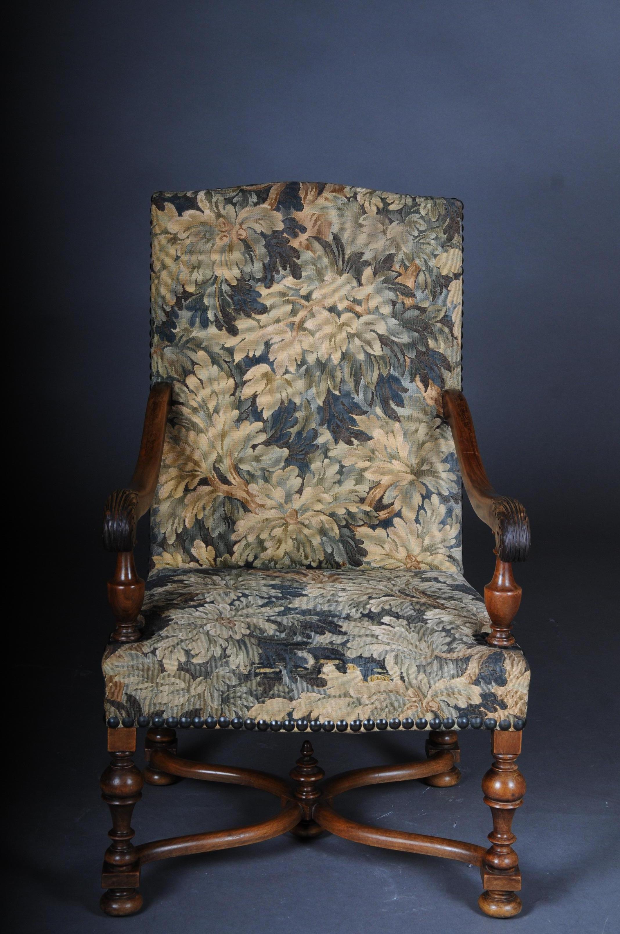 Beautiful neo Renaissance tapestry armchair, circa 1900

Solid wood, stained walnut. Classic seat and backrest upholstery with tapestry fabric cover.
France, circa 1900.