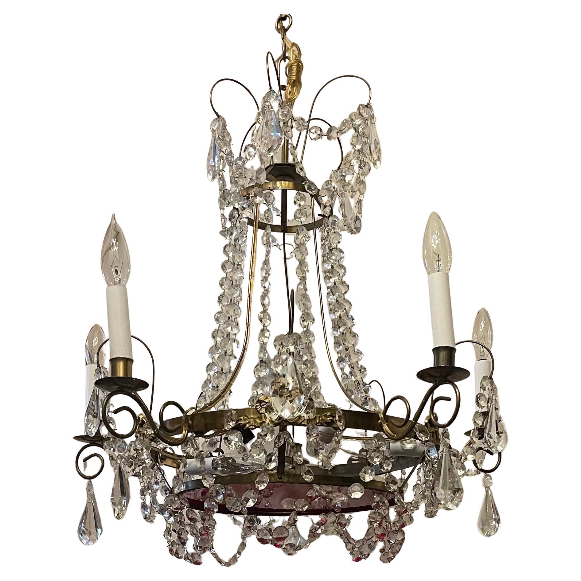 Beautiful Neoclassical 8-Light French Gilt Bronze Red Glass Baltic Chandelier
