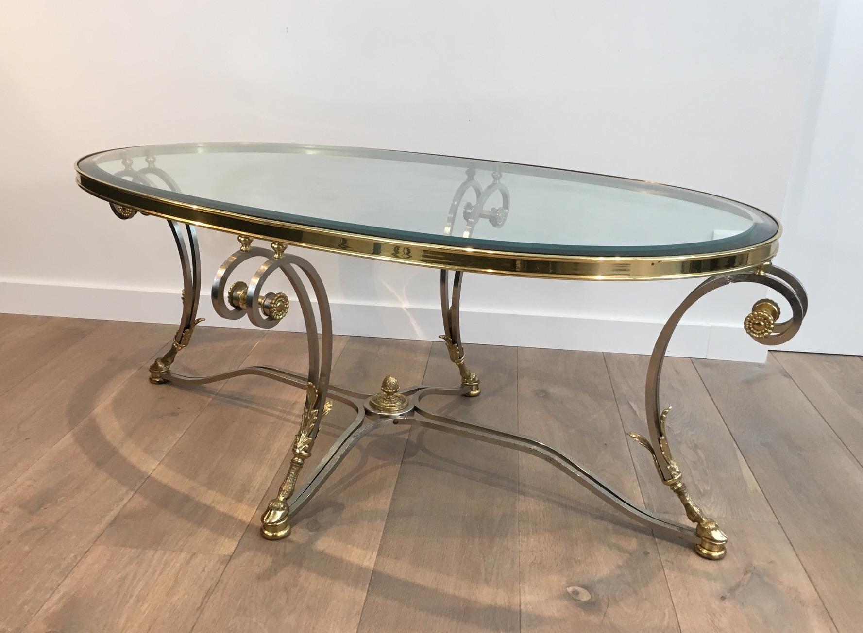 Beautiful Neoclassical Style Oval Brushed Steel & Brass Coffee Table. Circa 1970 For Sale 5