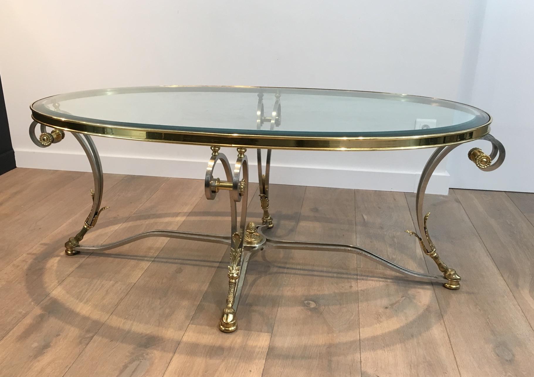 Beautiful Neoclassical Style Oval Brushed Steel & Brass Coffee Table. Circa 1970 For Sale 6