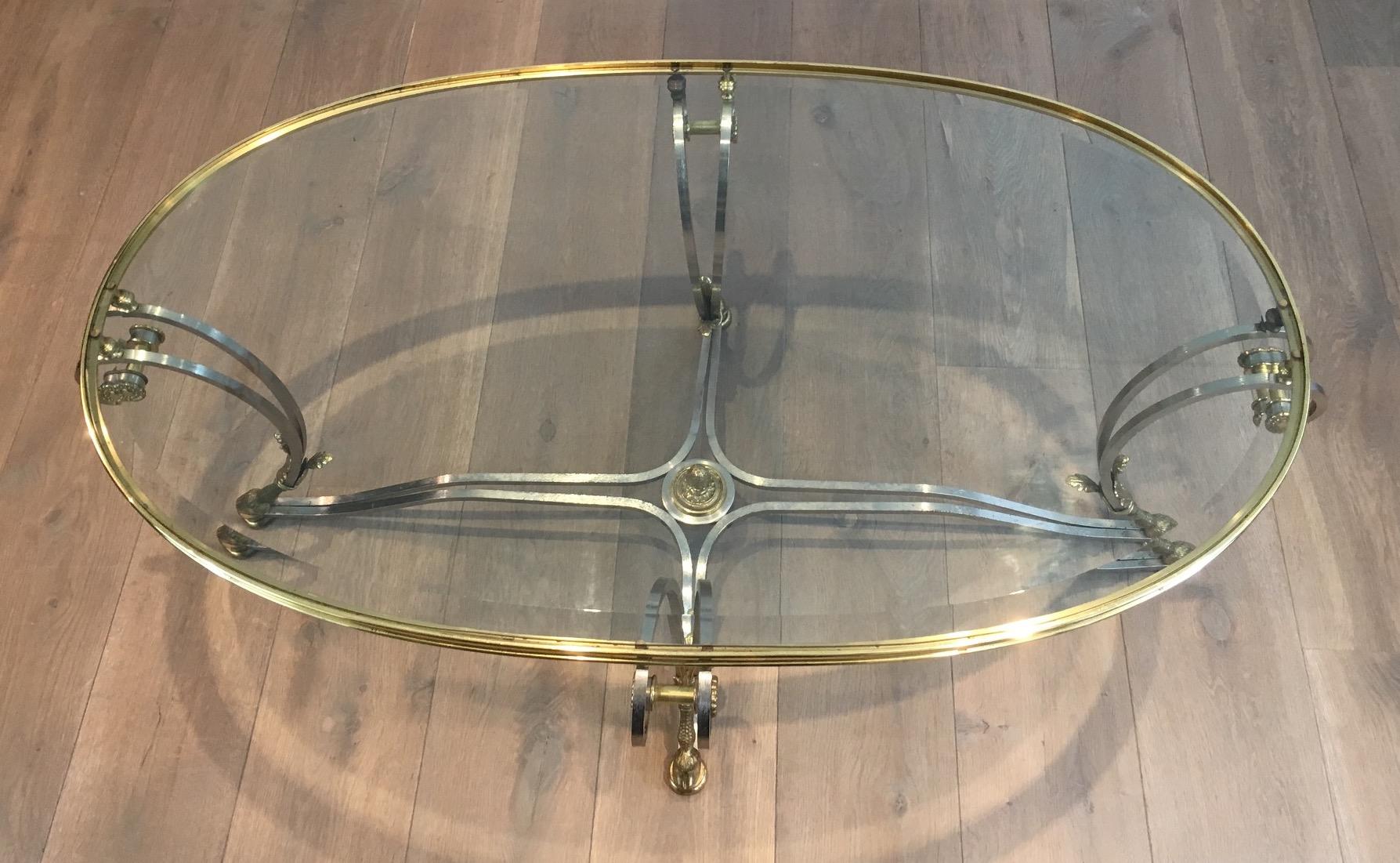 Beautiful Neoclassical Style Oval Brushed Steel & Brass Coffee Table. Circa 1970 For Sale 7