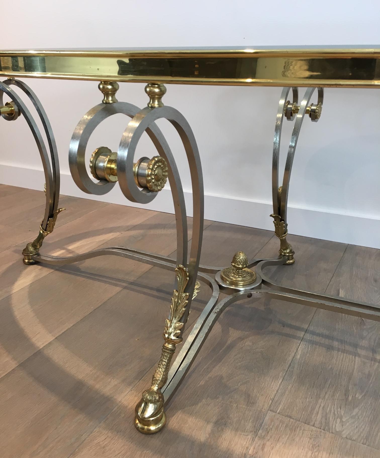 Beautiful Neoclassical Style Oval Brushed Steel & Brass Coffee Table. Circa 1970 For Sale 8