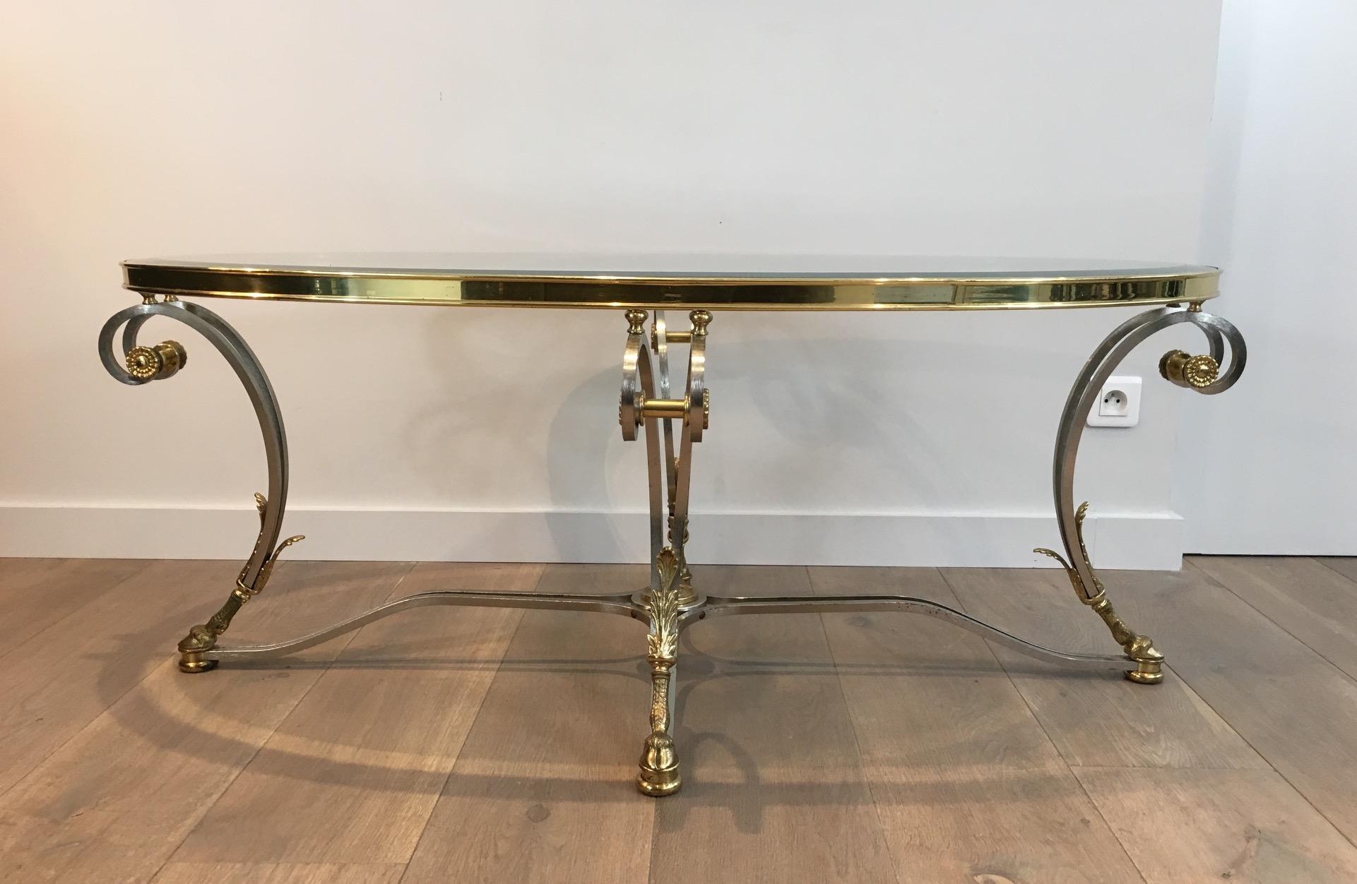 Beautiful Neoclassical Style Oval Brushed Steel & Brass Coffee Table. Circa 1970 For Sale 9