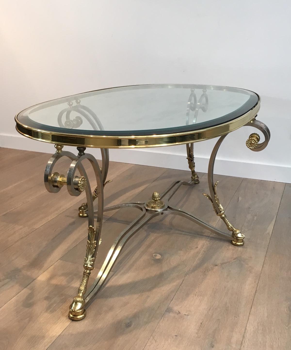 Beautiful Neoclassical Style Oval Brushed Steel & Brass Coffee Table. Circa 1970 For Sale 11
