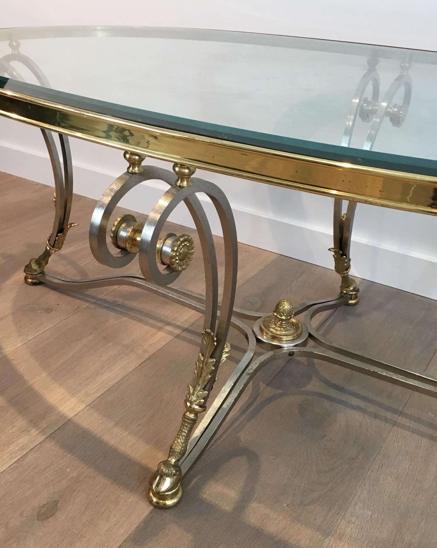 Beautiful Neoclassical Style Oval Brushed Steel & Brass Coffee Table. Circa 1970 For Sale 12
