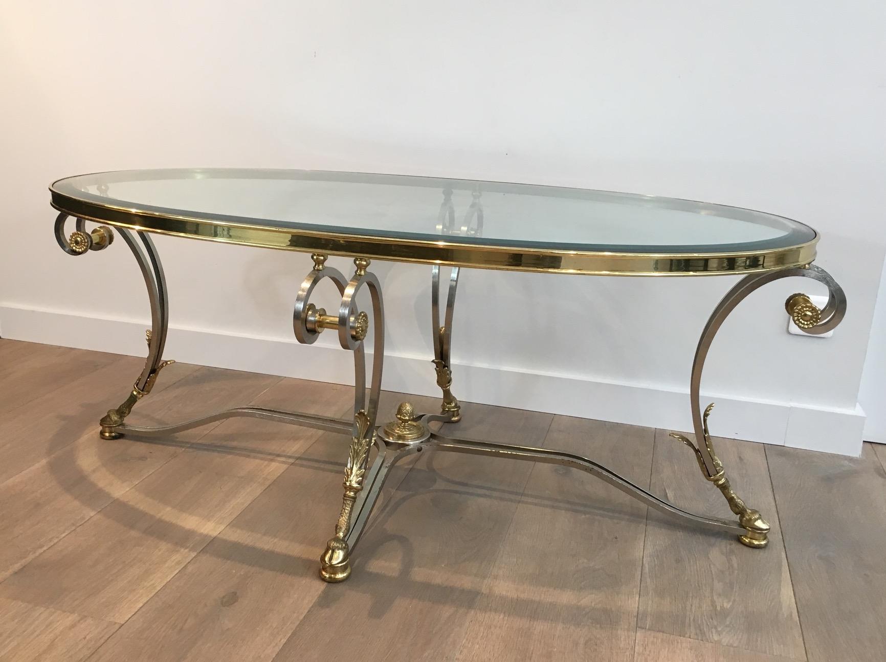 Beautiful Neoclassical Style Oval Brushed Steel & Brass Coffee Table. Circa 1970 For Sale 13