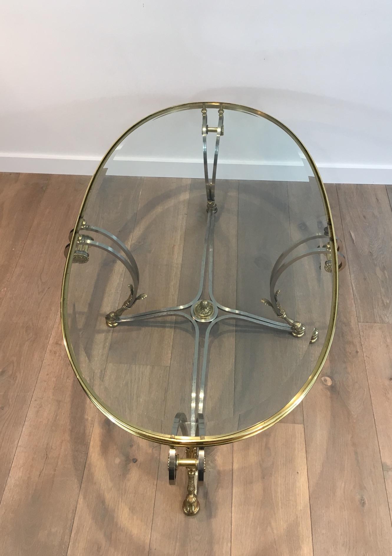 Beautiful Neoclassical Style Oval Brushed Steel & Brass Coffee Table. Circa 1970 For Sale 14