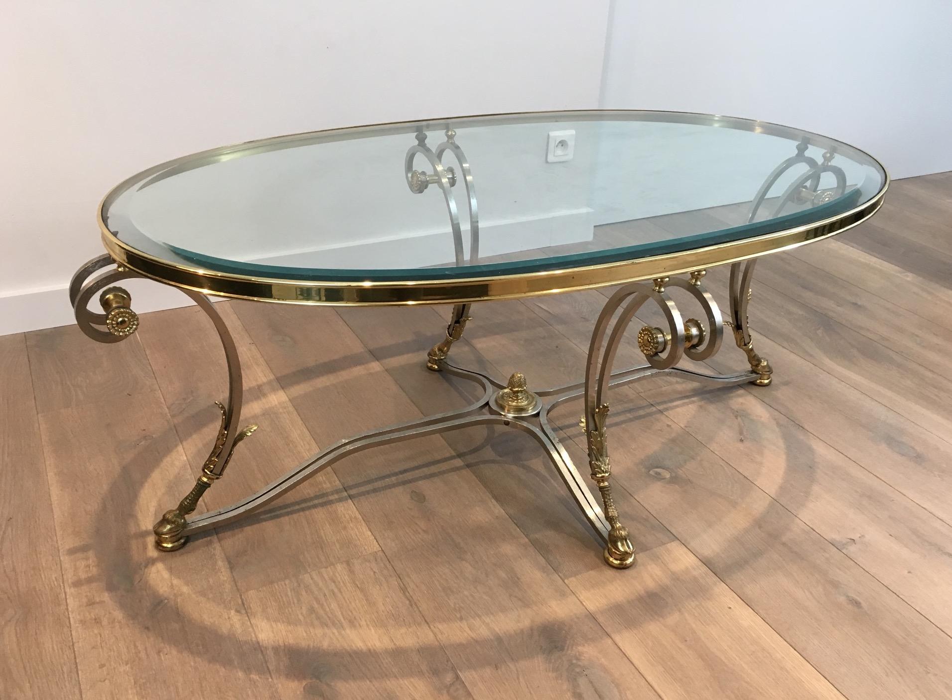 Beautiful Neoclassical Style Oval Brushed Steel & Brass Coffee Table. Circa 1970 For Sale 15