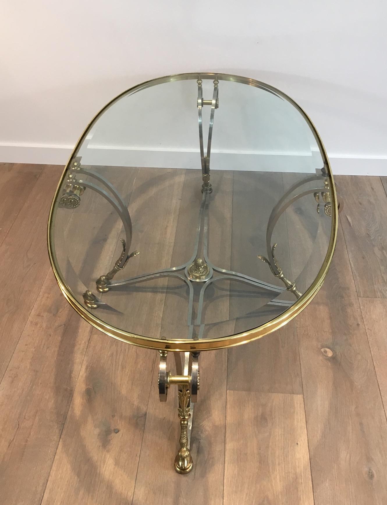 French Beautiful Neoclassical Style Oval Brushed Steel & Brass Coffee Table. Circa 1970 For Sale