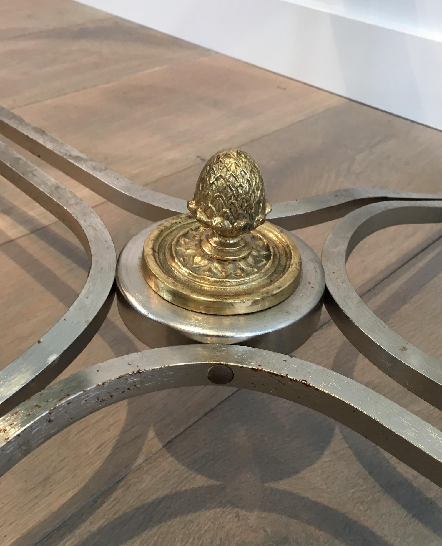 Beautiful Neoclassical Style Oval Brushed Steel & Brass Coffee Table. Circa 1970 For Sale 1