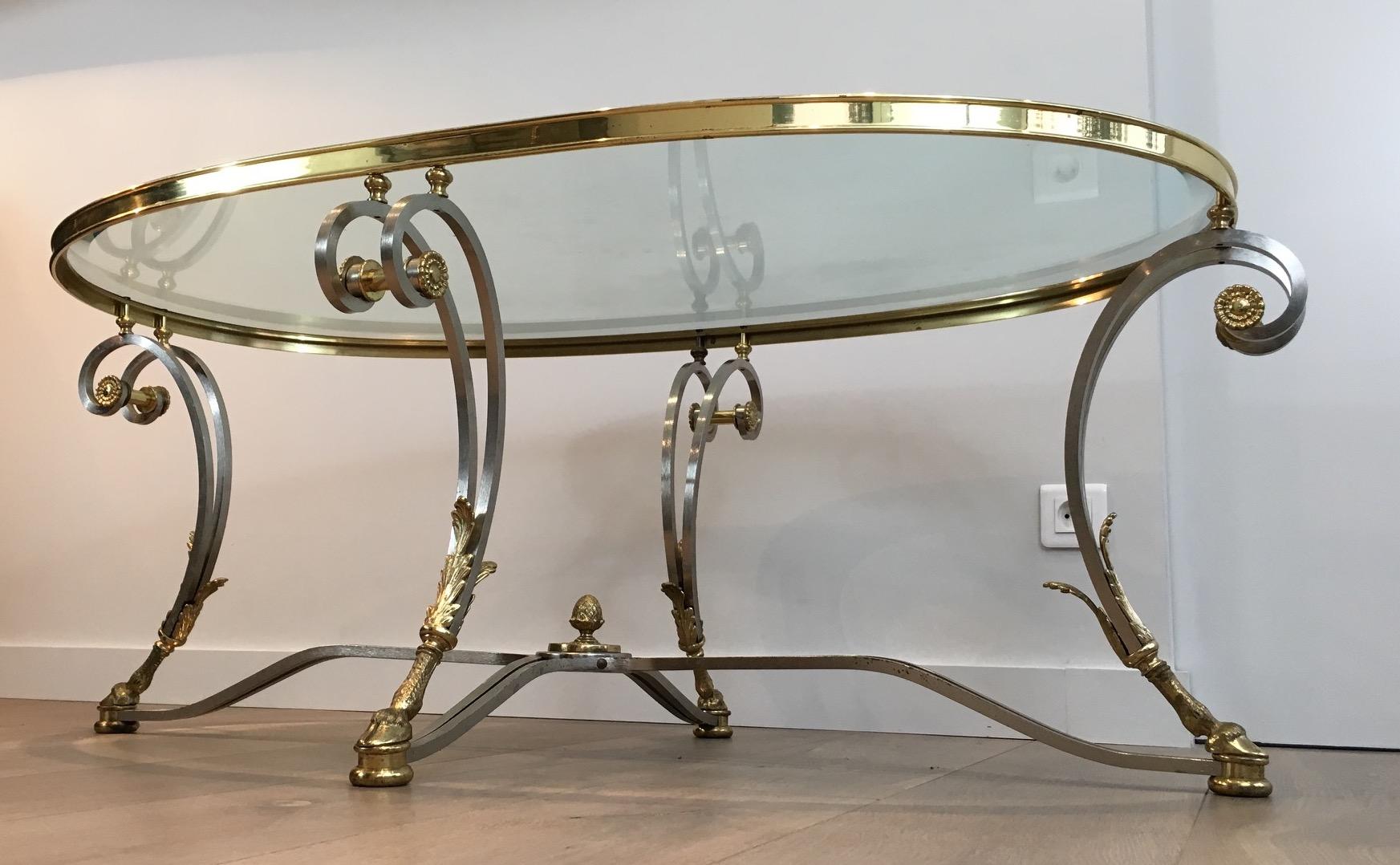 Beautiful Neoclassical Style Oval Brushed Steel & Brass Coffee Table. Circa 1970 For Sale 2