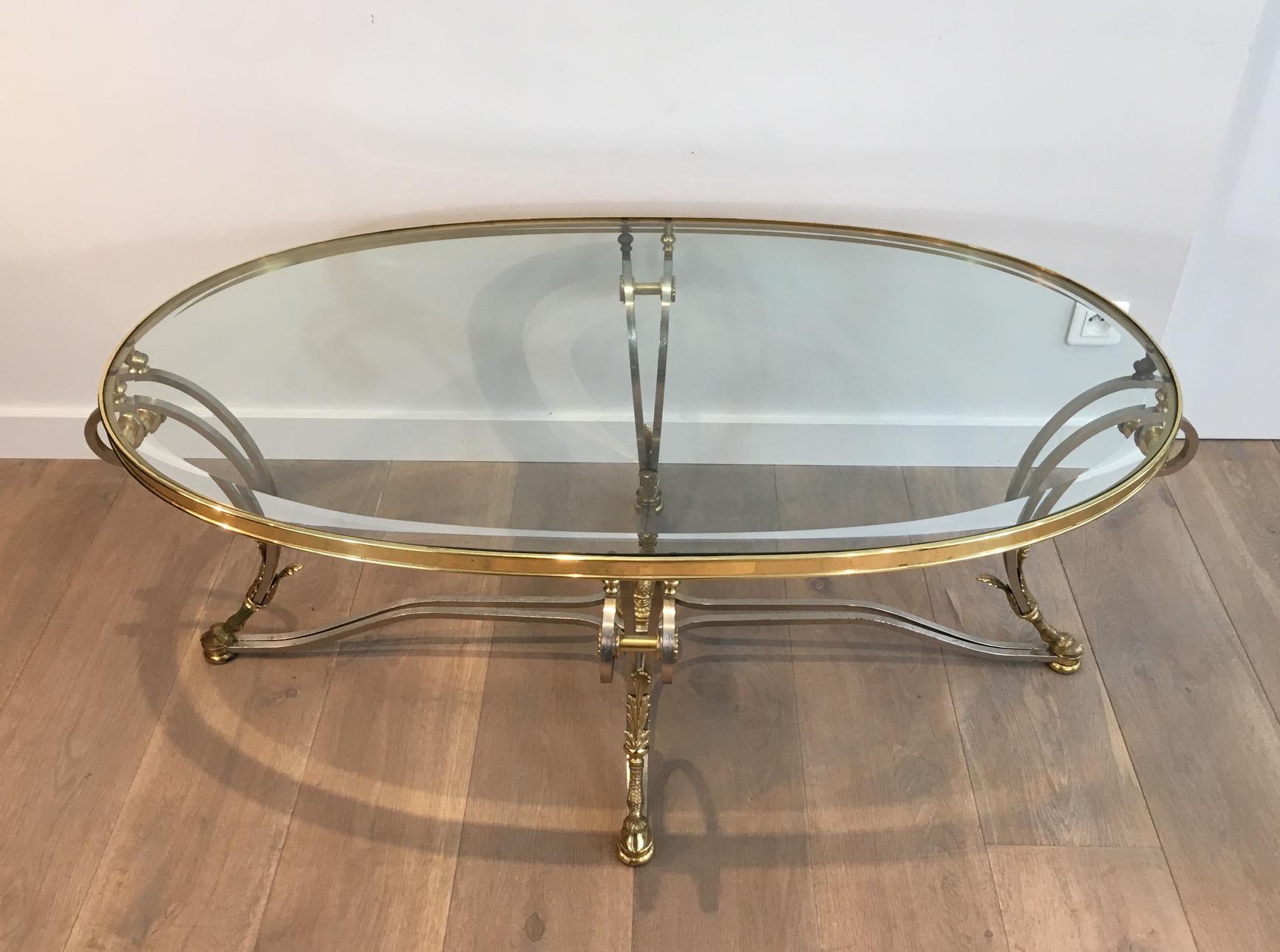 Beautiful Neoclassical Style Oval Brushed Steel & Brass Coffee Table. Circa 1970 For Sale 3