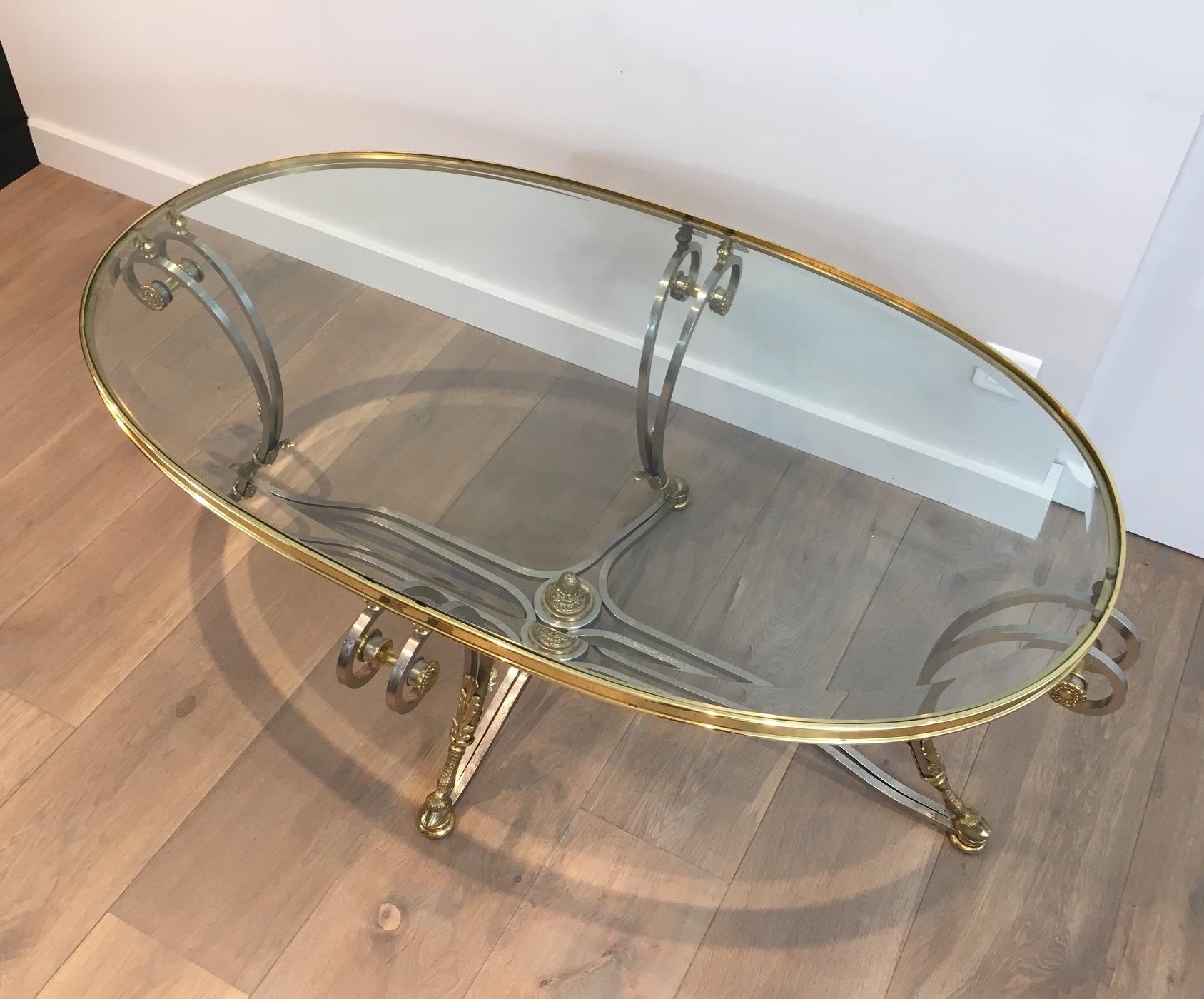 Beautiful Neoclassical Style Oval Brushed Steel & Brass Coffee Table. Circa 1970 For Sale 4