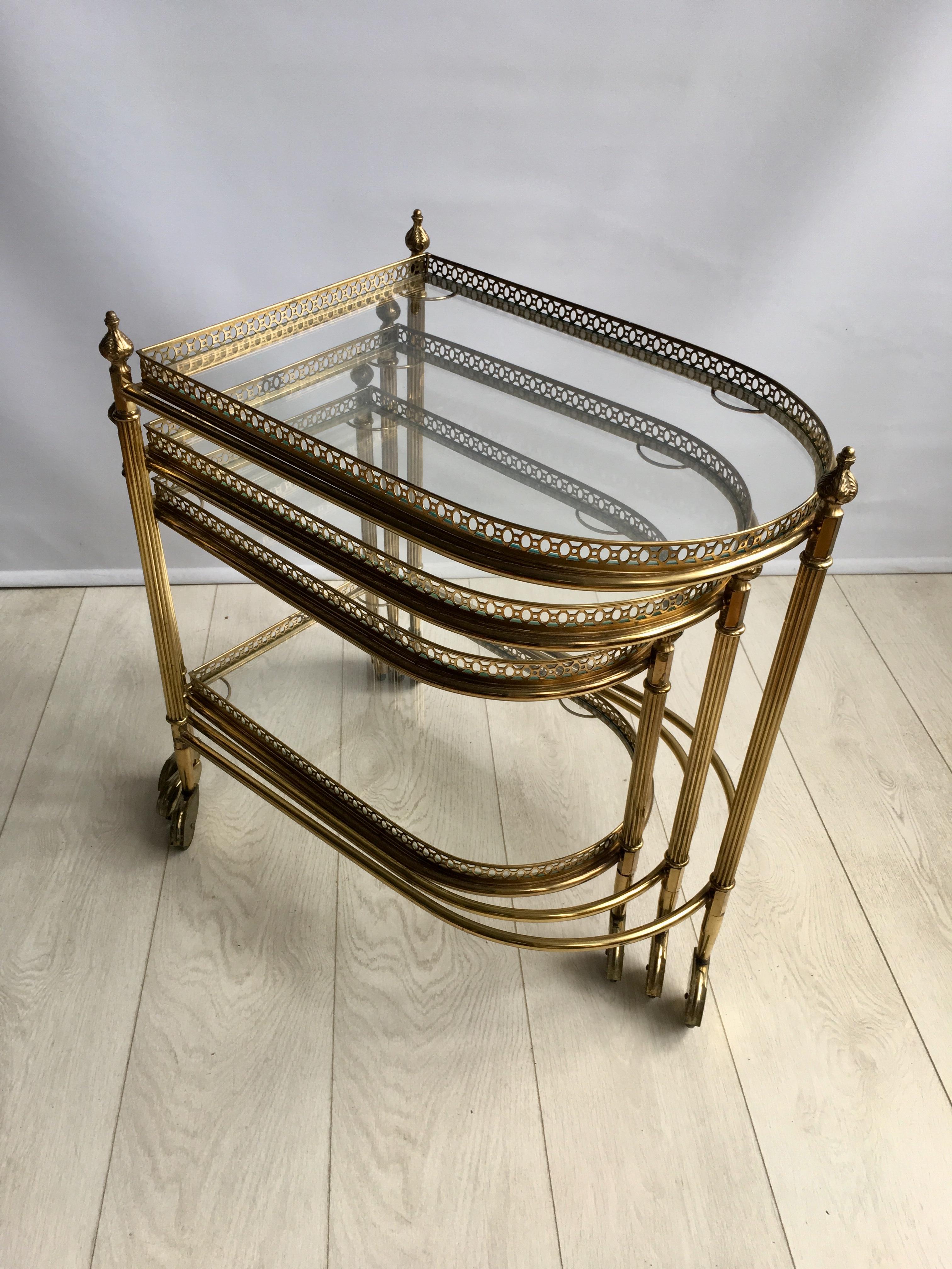 French Beautiful Nest of Vintage Brass Tables/Trolleys For Sale