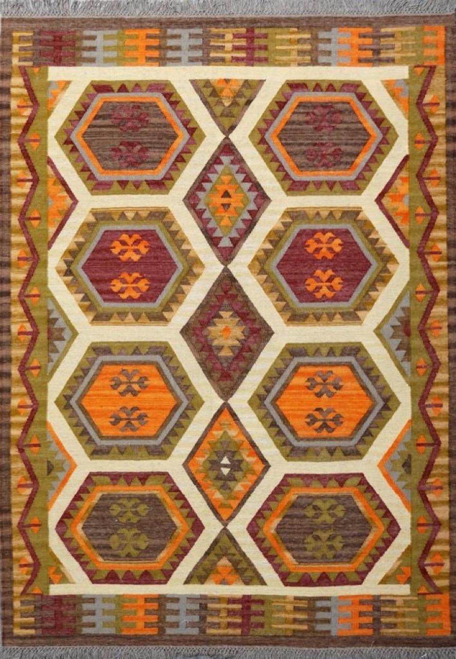 Nice new Kilim with beautiful geometrical design of Turkish Kilims and nice colors, entirely hand woven with wool on cotton foundation.