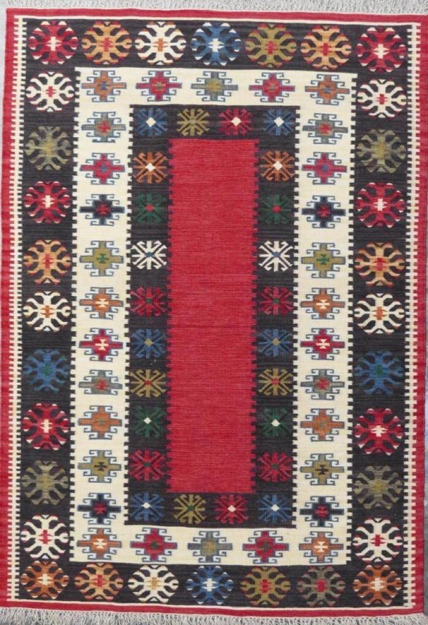 Nice new Kilim with beautiful geometrical design of Turkish Kilims and nice colors, entirely handwoven with wool on cotton foundation. Measures: 170 x 240 cm.