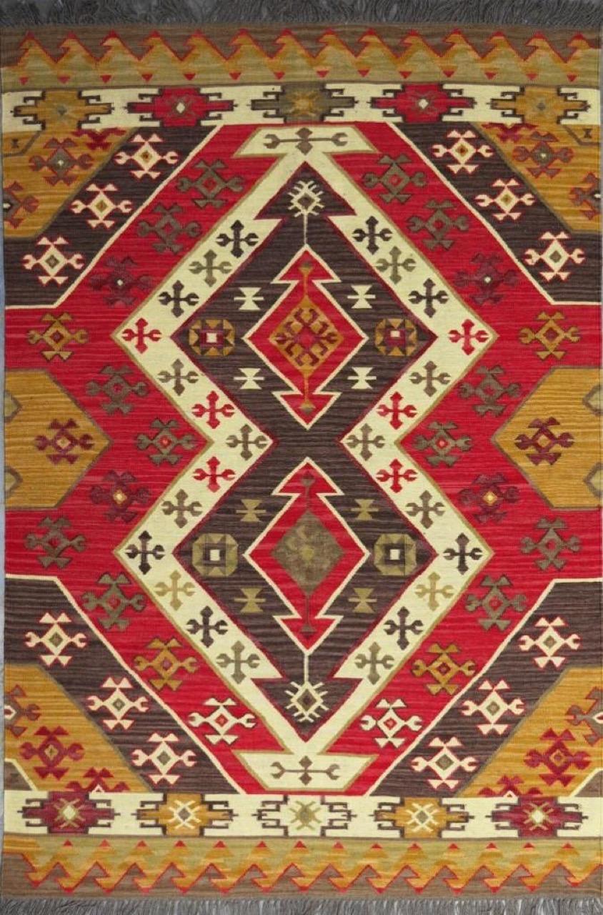 Nice new Kilim with beautiful geometrical design of Turkish Kilims and nice colors, entirely handwoven with wool on cotton foundation. Size: 170 x 240 cm.