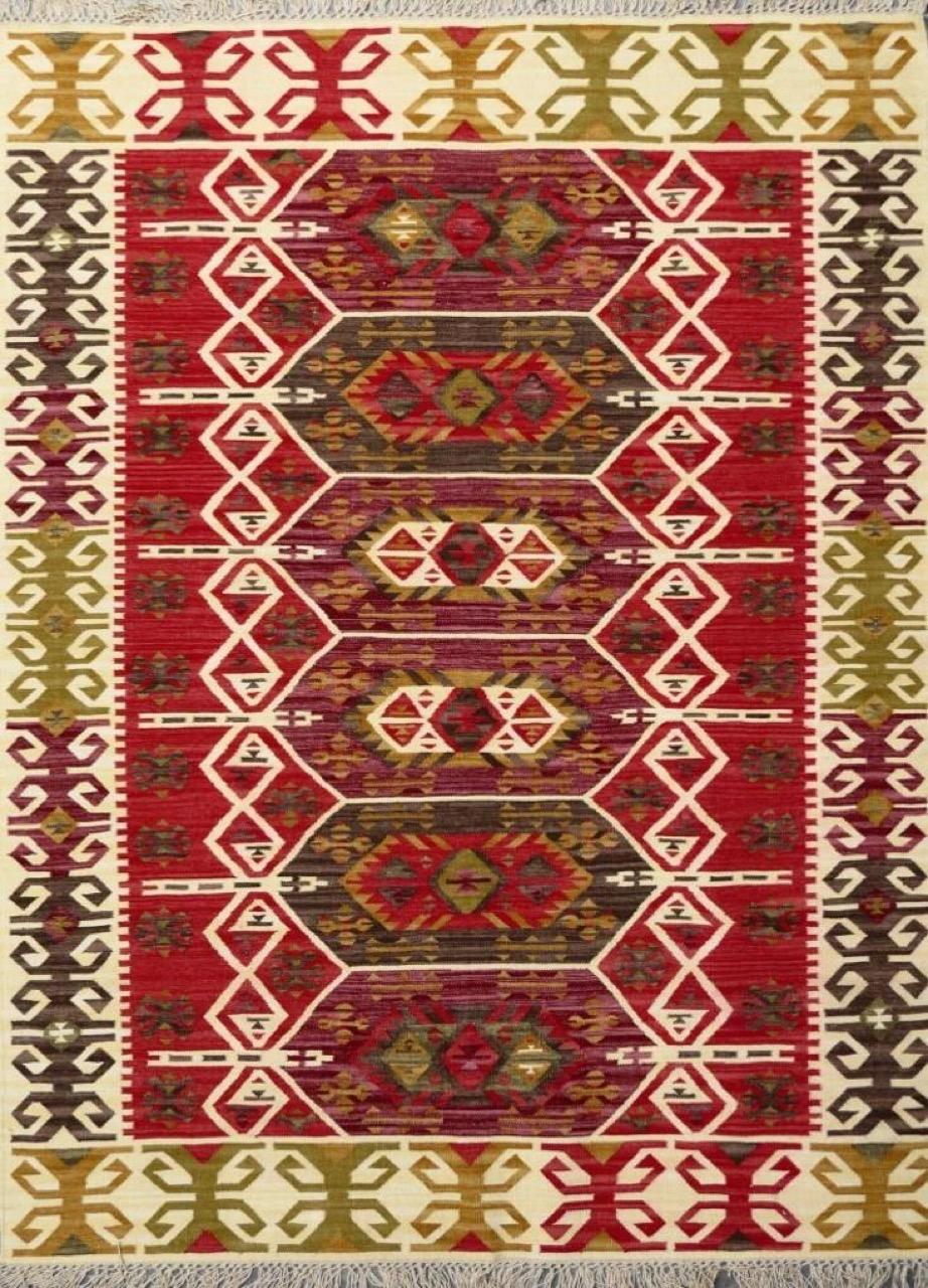 Bonito Kilim nuevo con bonito diseño geométrico de Kilims turcos y bonitos colores, tejido totalmente a mano con lana sobre base de algodón. Medidas: 170 x 240 cm.