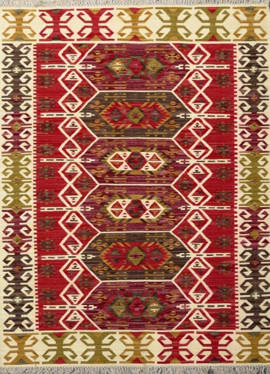 Nice new Kilim with beautiful geometrical design of Turkish Kilims and nice colors, entirely handwoven with wool on cotton foundation. Measures: 170 x 240 cm.