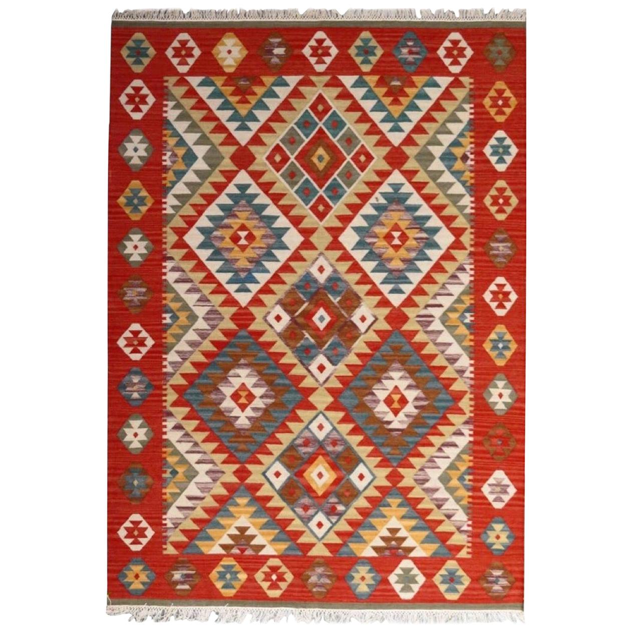 Preciosa Alfombra Kilim Tejida a Mano de Nuevo Diseño de Anatolia