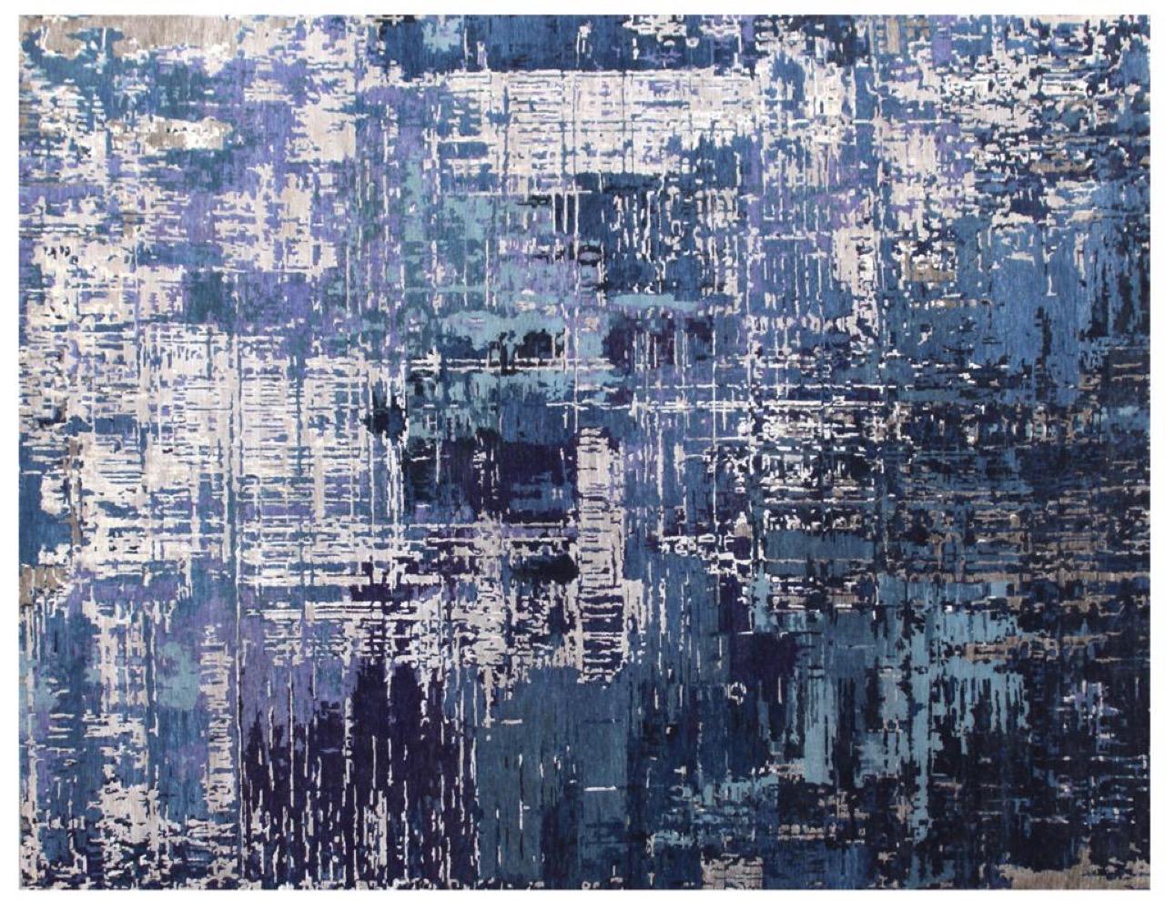 Nice contemporary abstract design rug with beautiful colors, entirely hand knotted with wool and silk velvet on cotton foundation. Measures: 10 x 14 feet.
  