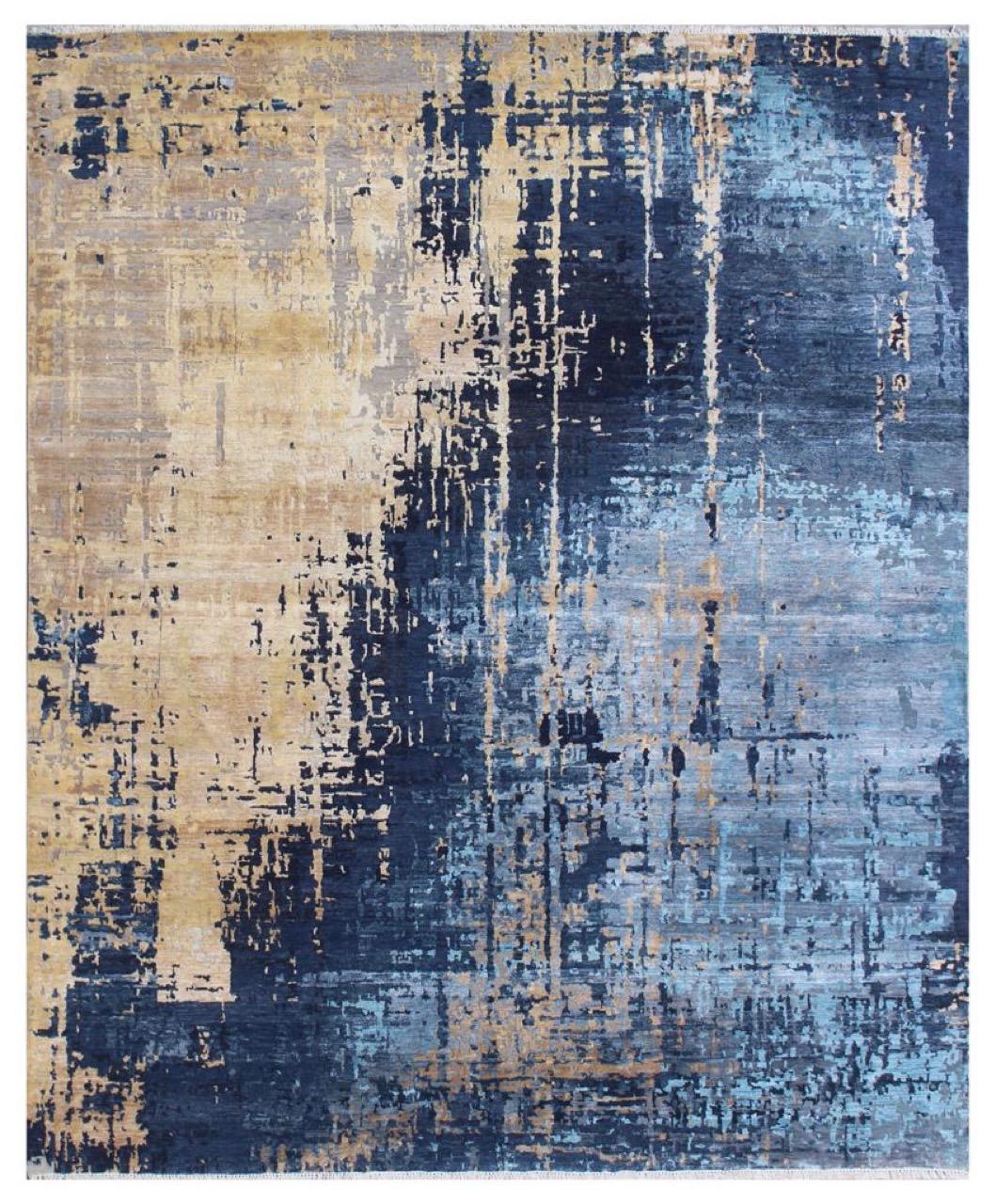 Nice contemporary abstract design rug with beautiful colors, entirely hand knotted with wool and silk velvet on cotton foundation. Measures: 10 x 14 feet.