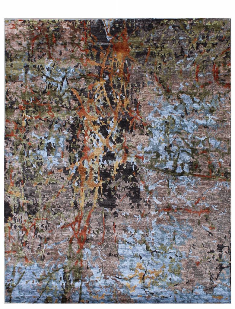 Schöne zeitgenössische abstraktes Design Teppich mit schönen Farben, vollständig von Hand geknüpft mit Wolle und Seide Samt auf Baumwolle Grundlage. Maße: 10 x 14 Fuß.