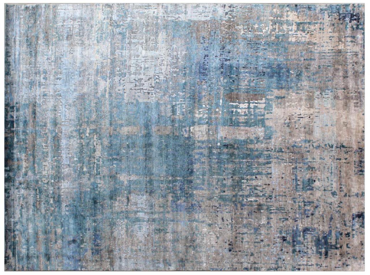 Nice contemporary abstract design rug with beautiful colors, entirely hand knotted with wool and silk velvet on cotton foundation.