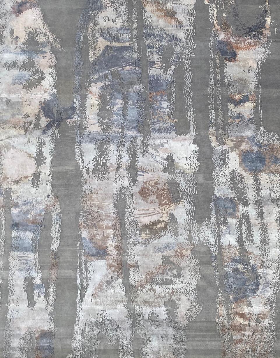 Nice contemporary abstract design rug with beautiful colors, entirely hand knotted with wool and silk velvet on cotton foundation.
