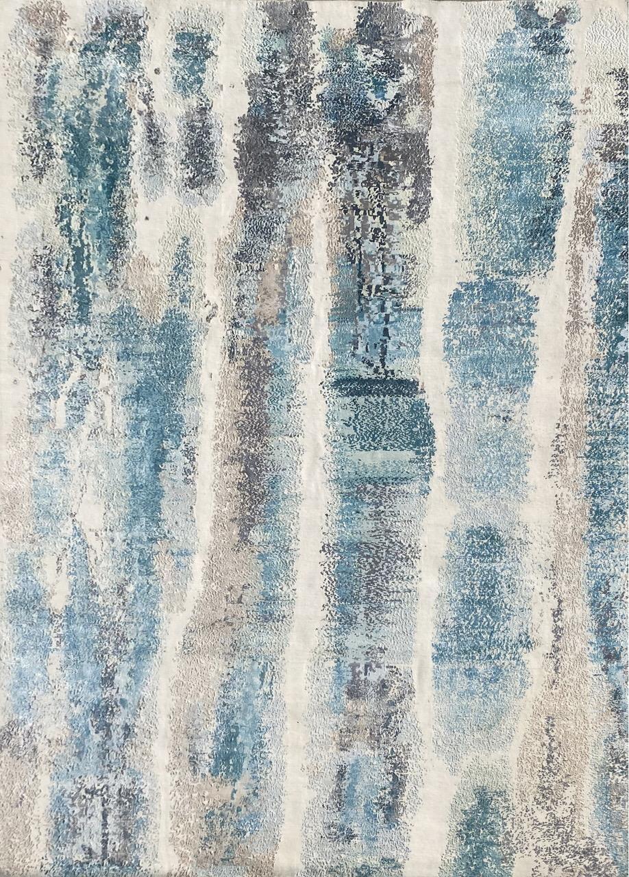 Nice contemporary abstract design rug with beautiful colors, entirely hand knotted with wool and silk velvet on cotton foundation.