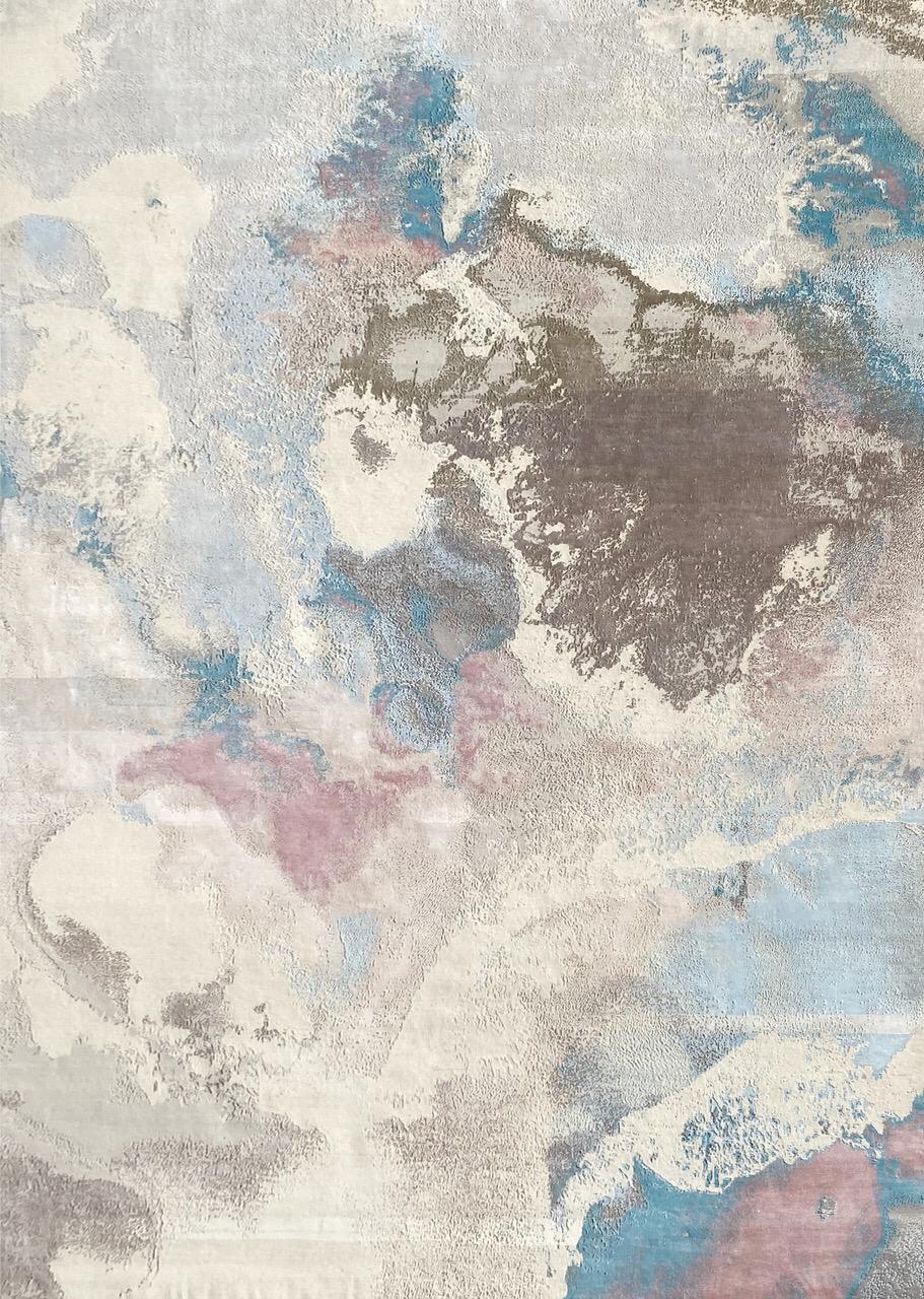 Nice contemporary abstract design rug with beautiful colors, entirely hand knotted with wool and silk velvet on cotton foundation.