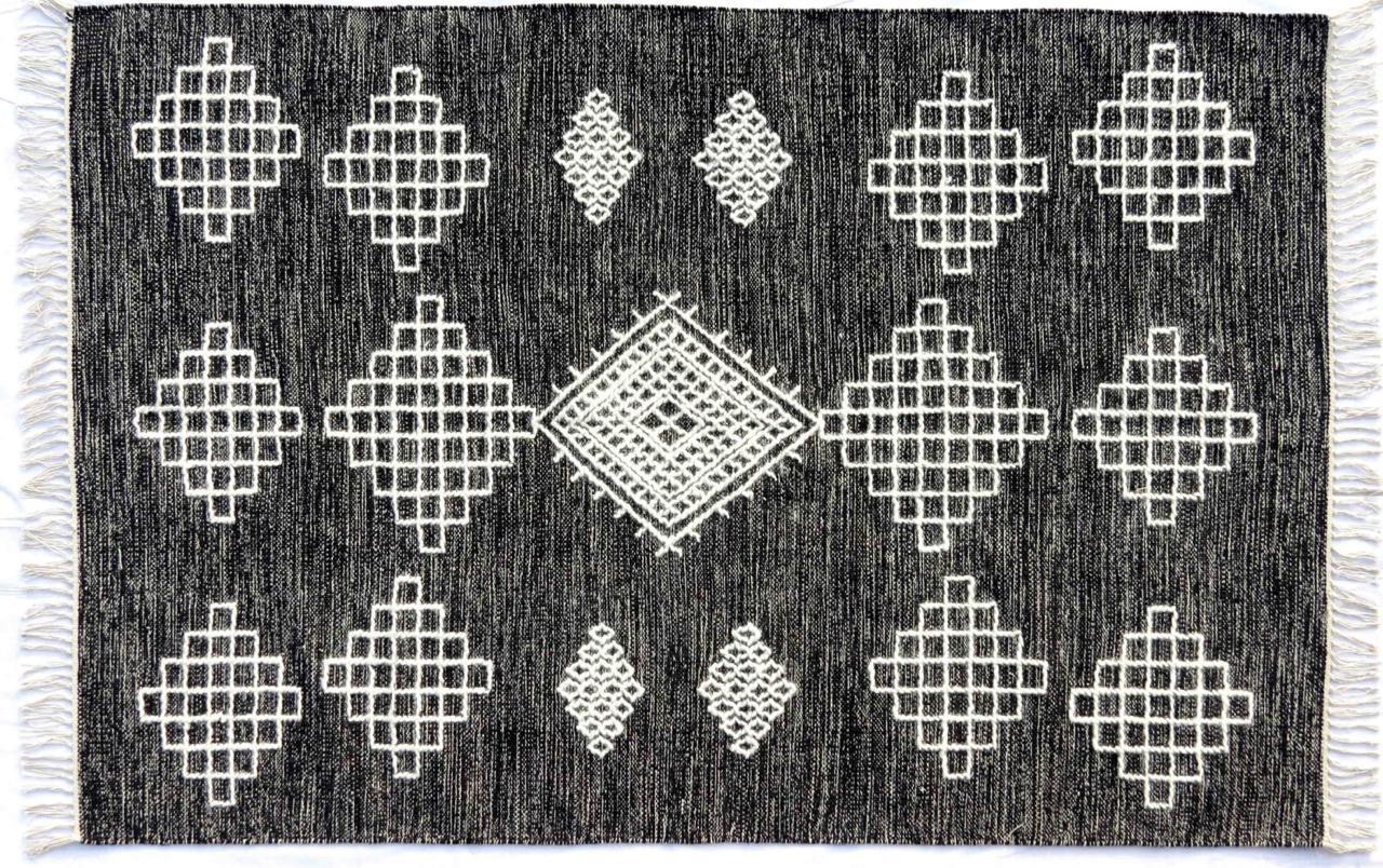 Nice new Kilim with geometrical tribal design and nice colors, entirely handwoven and embroidered with wool on cotton foundation.
Size: 170 x 240 cm.