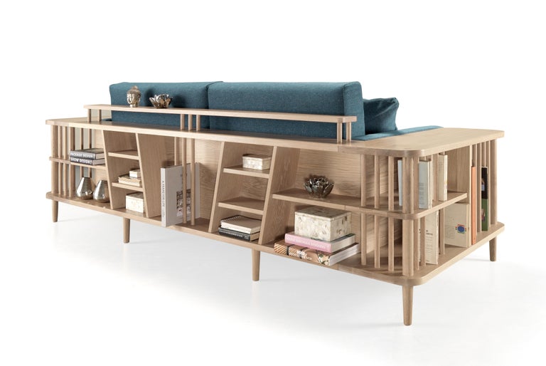 Scandinavian Modern Nordic Style Sofa and Bookshelf Room Divider in Walnut or Oak For Sale