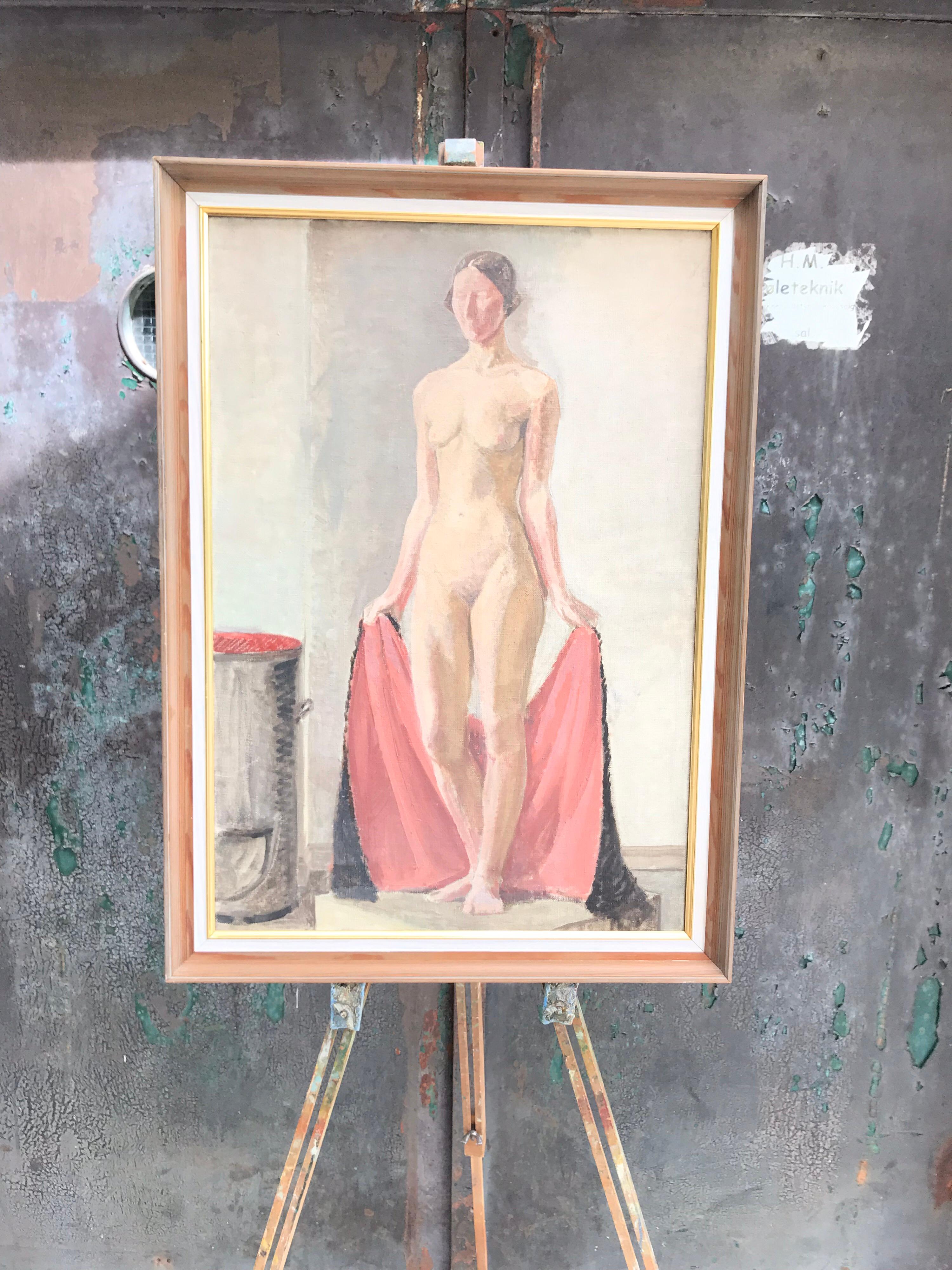 Beautiful art school oil on canvas painting of a naked lady 
From the 1950s 
Signed verso Knud Appel
Label reads “ painted by Knud Appel at the Art academy in Copenhagen “.