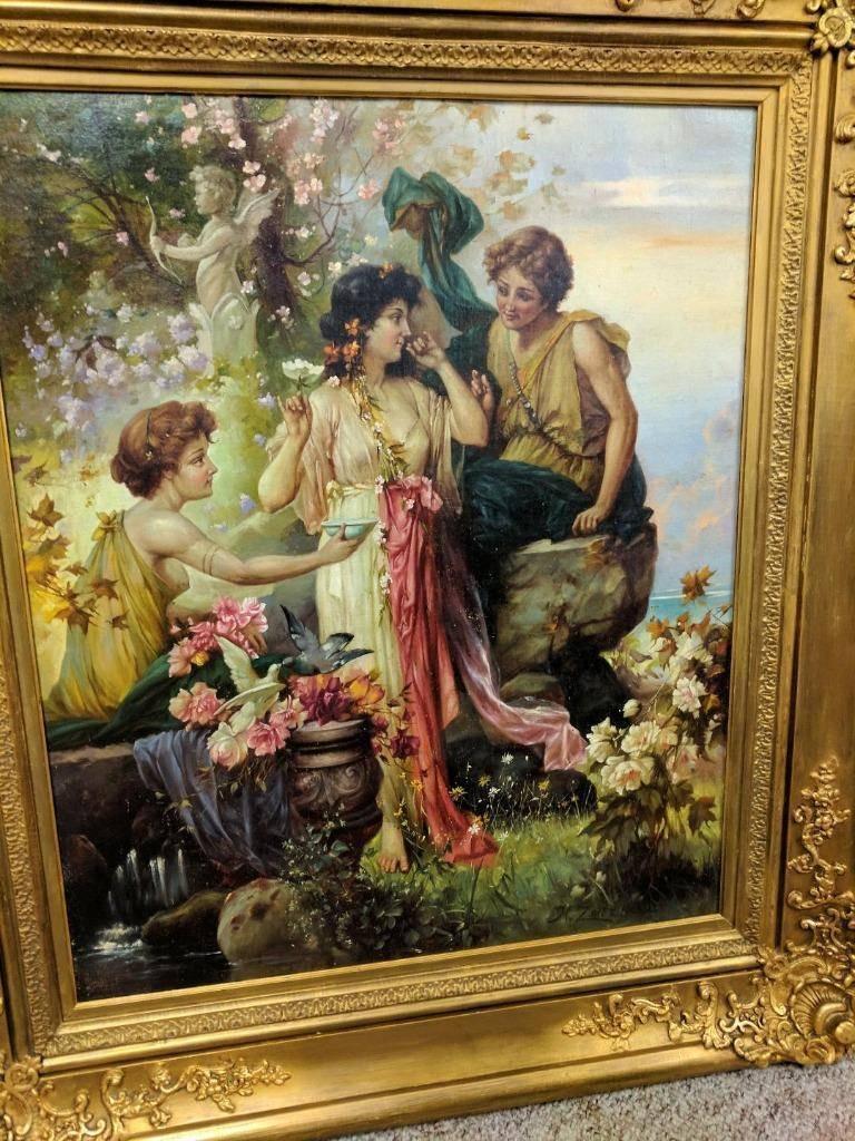 A beautifully done large, original oil painting on canvas depicting three figures in a garden with flowers and birds, by the well known 19th century artist Hans Zatzka. The canvas size alone is 24