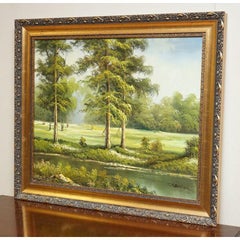 Magnifique peinture à l'huile d'une forêt verte sur un cadre orné d'or de C. Sander