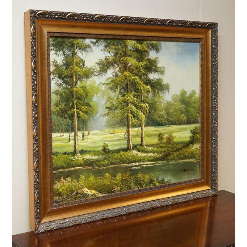 British Beautiful Oil Painting of a Green Forest on Gold Ornate Frame by C. Sander