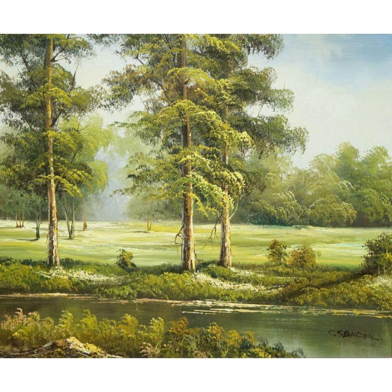 Hand-Crafted Beautiful Oil Painting of a Green Forest on Gold Ornate Frame by C. Sander