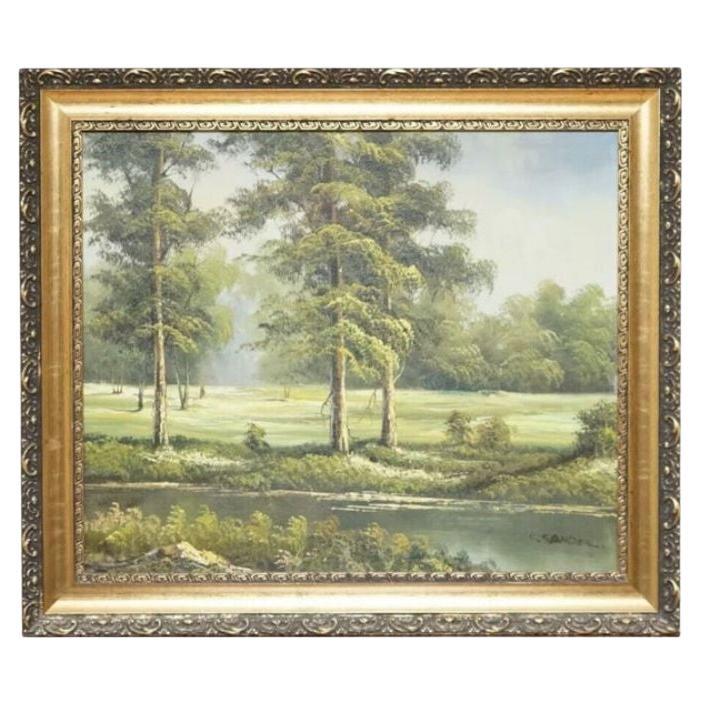 Beautiful Oil Painting of a Green Forest on Gold Ornate Frame by C. Sander